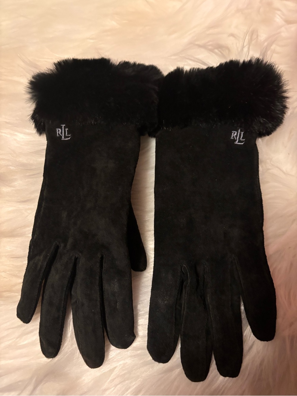 Ralph Lauren Black Suede Gloves with Dyed Rabbit Fur Cuff